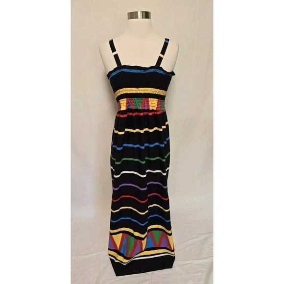 Womens 80s 90s Vintage Maxi Dress Black Multicolor Stripes - Picture 1 of 8